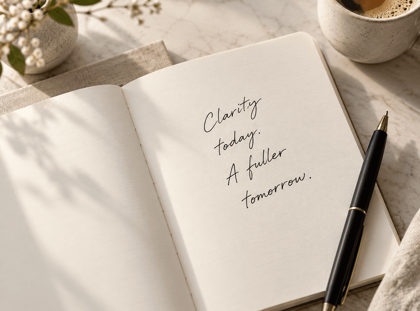 Notebook with the message: Clarity today. A fuller tomorrow.